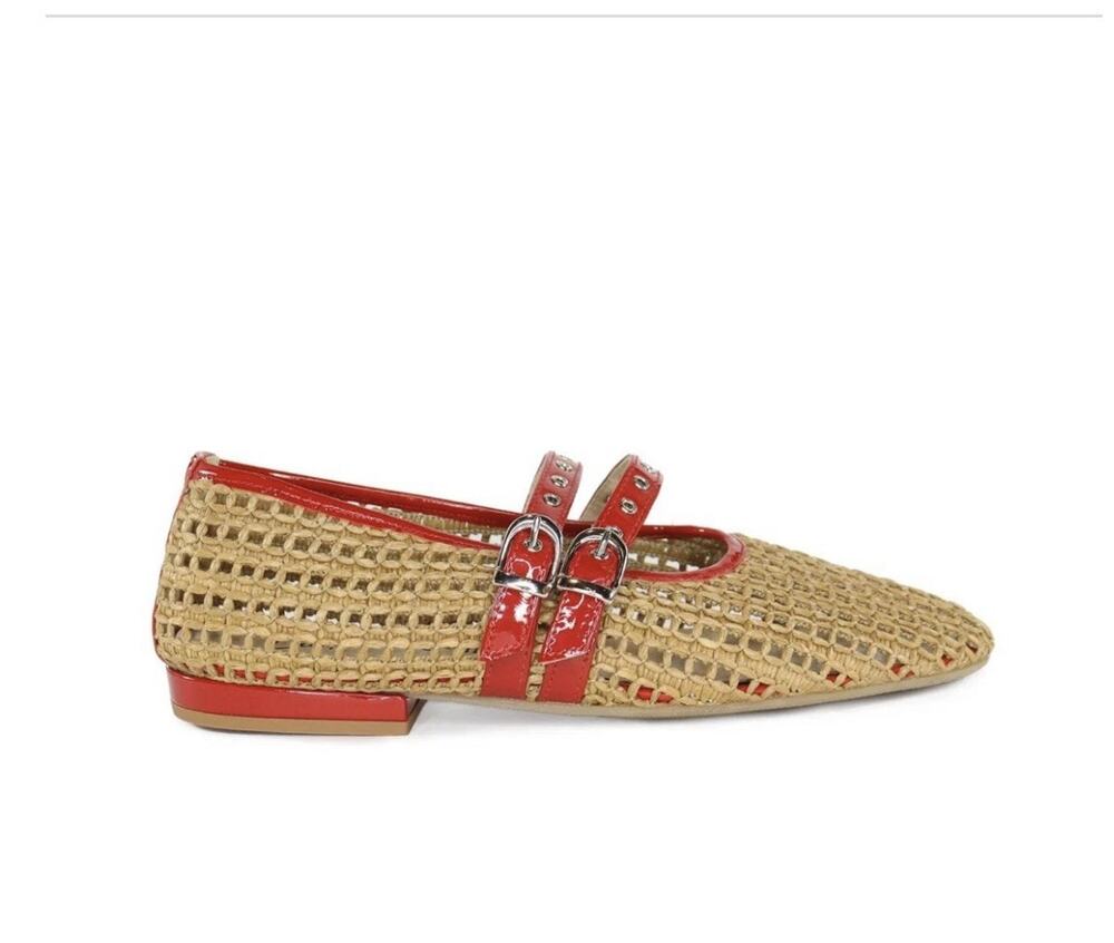 Cristina Millotti Chloe Noce Raffia Red Ballet Flats Leather Pancake Heel Sz 38
